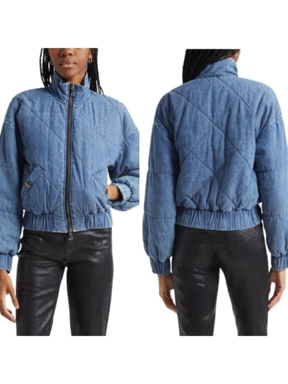 L'Agence Ryah Washed Denim Quilted Bomber Jacket Blue Size: Extra Small